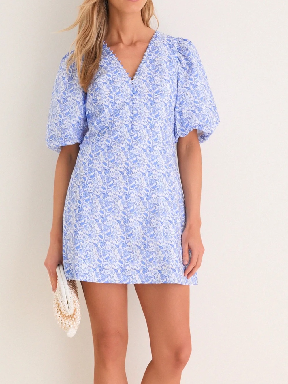 Hyacinth House Baby Blue Ditsy Floral Marcy Mini Dress, Size Medium